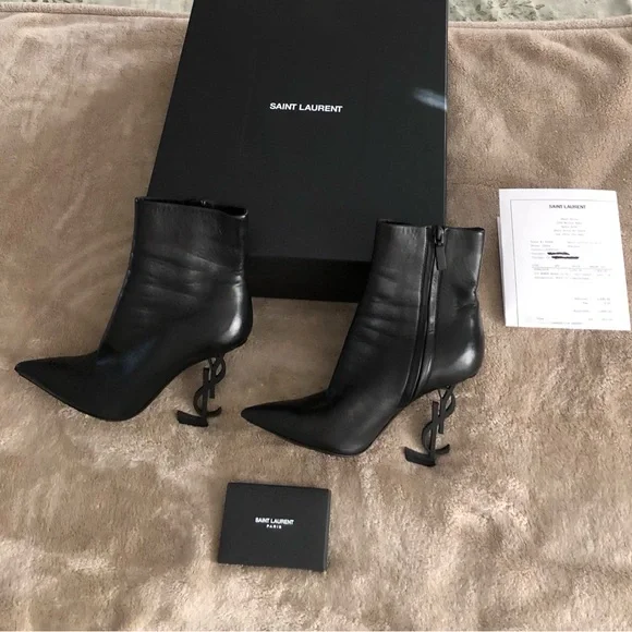 Authentic and rare Saint Laurent Black Heeled Boots with Logo Heel - Picture 1 of 8